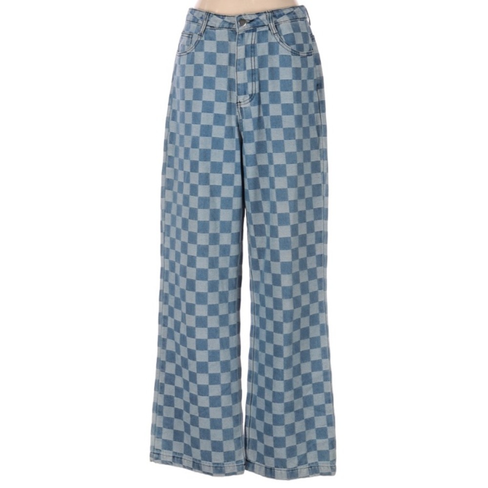 Shein Women’s Small High Rise checkerboard jeans Denim Wide Leg S 29.5” Y2K Blue